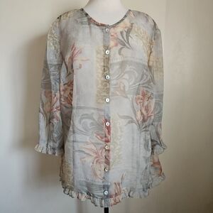 De Frantoria Semi-Sheer Floral Blouse Buttons Up Ruffle 3/4 Sleeves Size 16